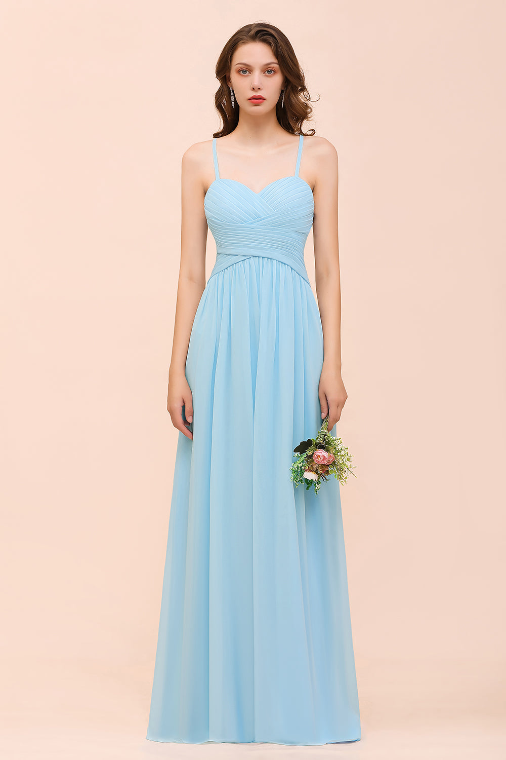 Chic Spaghetti Straps Ruffle Sky Blue Chiffon Bridesmaid Dress Online