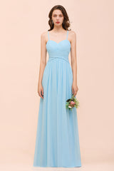 Chic Spaghetti Straps Ruffle Sky Blue Chiffon Bridesmaid Dress Online