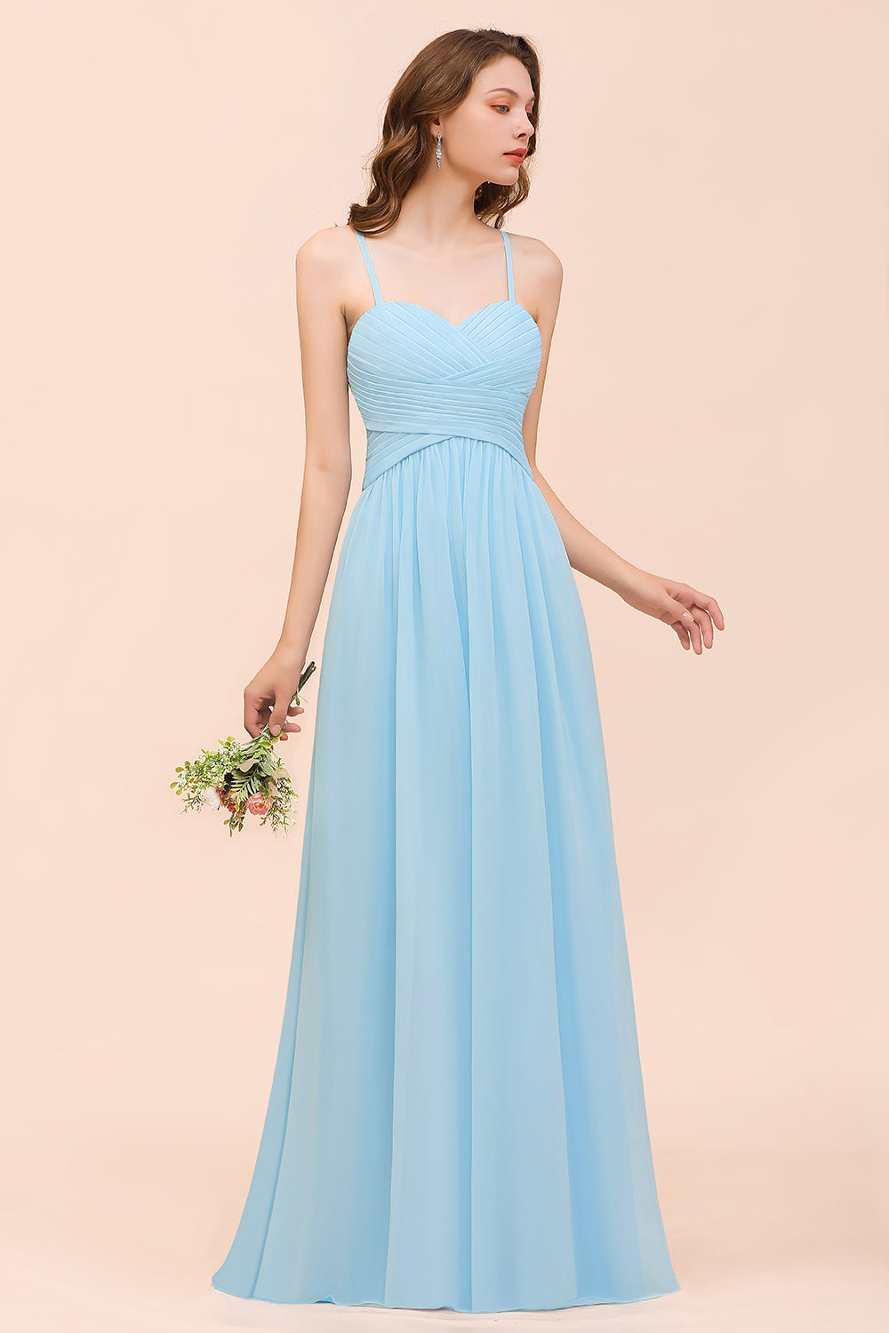 Chic Spaghetti Straps Ruffle Sky Blue Chiffon Bridesmaid Dress Online