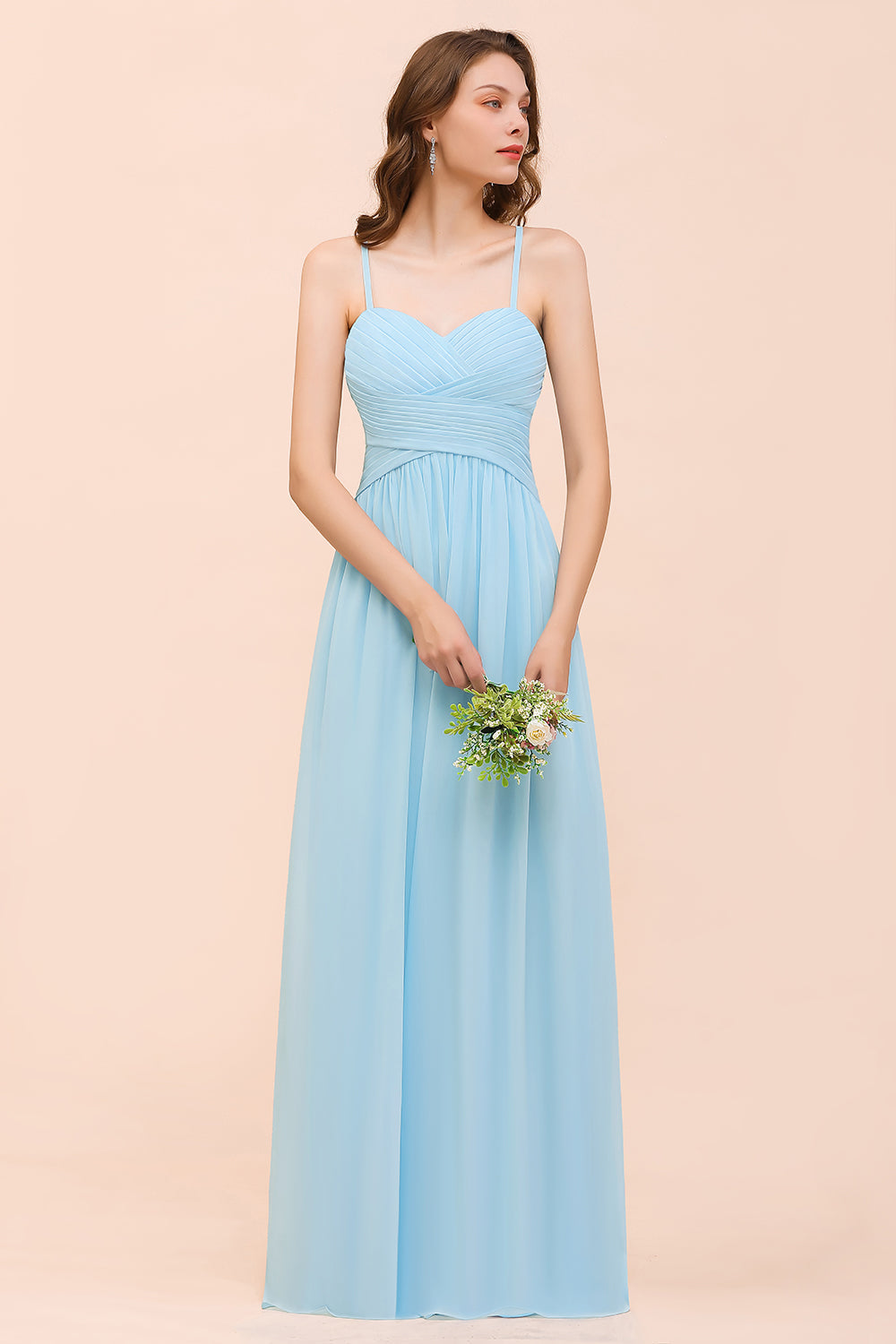 Chic Spaghetti Straps Ruffle Sky Blue Chiffon Bridesmaid Dress Online