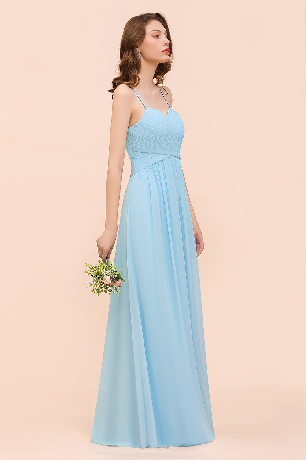 Chic Spaghetti Straps Ruffle Sky Blue Chiffon Bridesmaid Dress Online