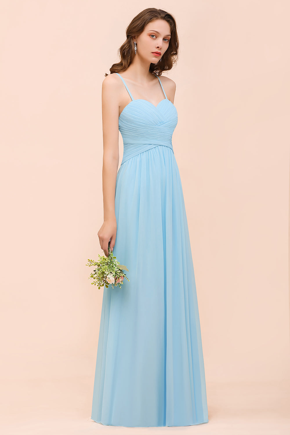 Chic Spaghetti Straps Ruffle Sky Blue Chiffon Bridesmaid Dress Online