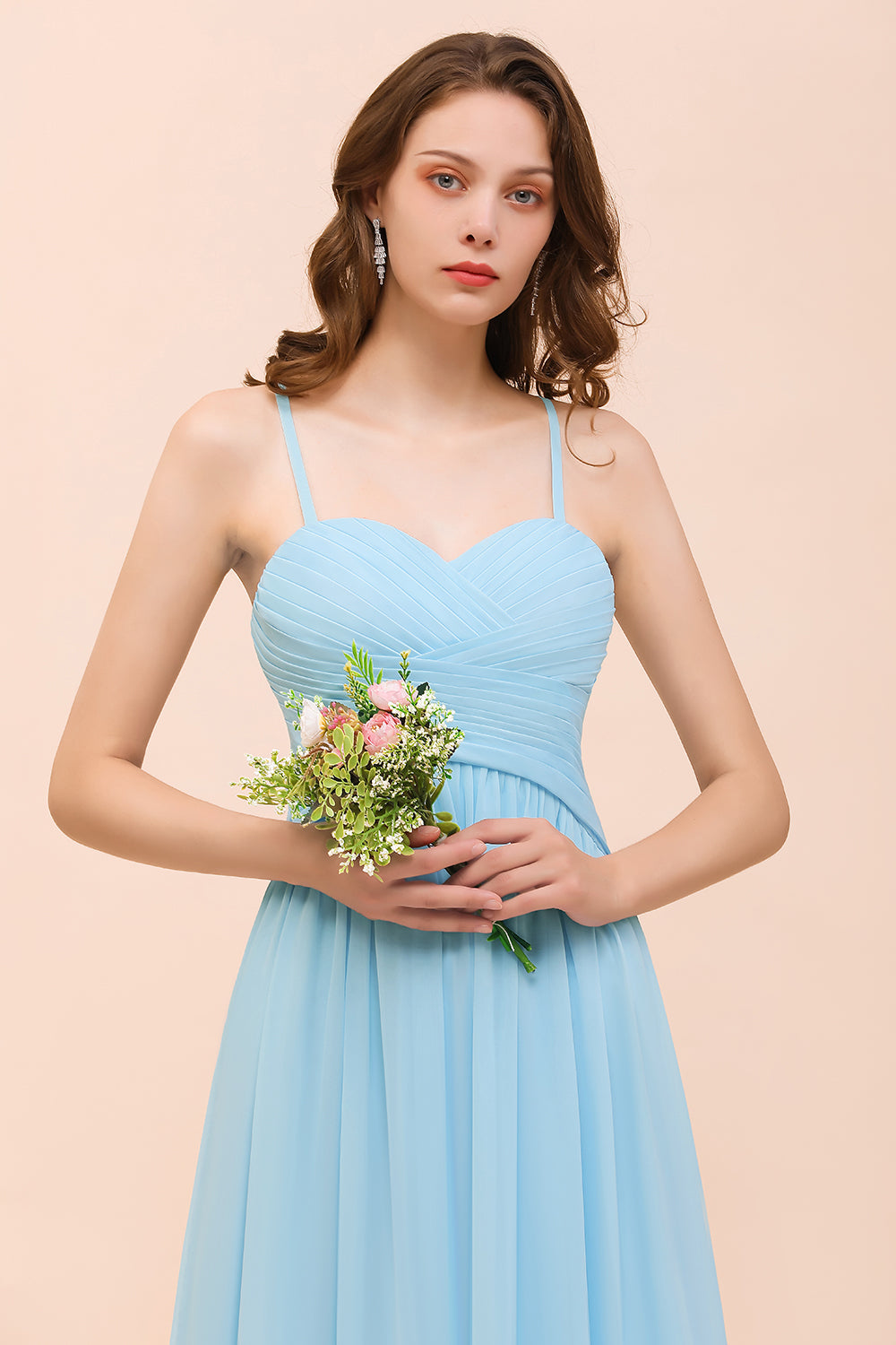 Chic Spaghetti Straps Ruffle Sky Blue Chiffon Bridesmaid Dress Online