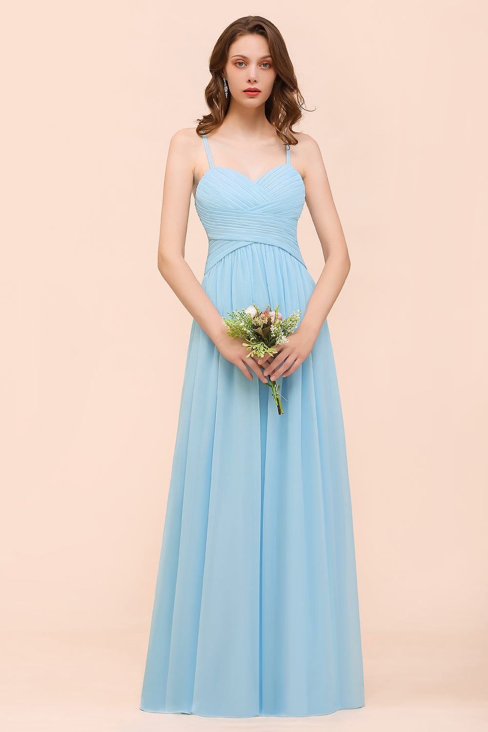 Chic Spaghetti Straps Ruffle Sky Blue Chiffon Bridesmaid Dress Online