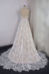 Chic Spaghetti Straps V-Neck Lace Wedding Dress A-Line Sleeveless Long Bridal Gowns On Sale