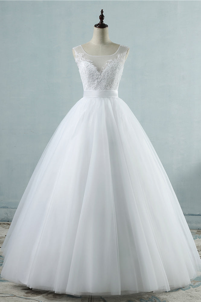 Chic Square Neckling Sleeveless Wedding Dresses White Tulle Lace Bridal Gowns On Sale