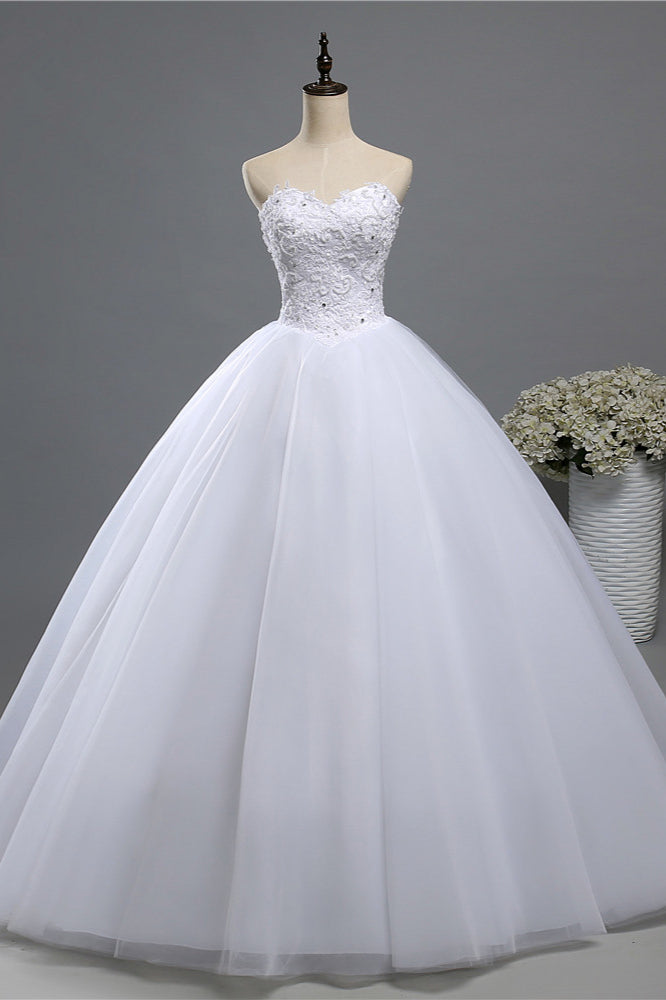 Chic Strapless Sweetheart Tulle Lace Wedding Dresses Sleeveless Appliques Bridal Gowns with Beadings