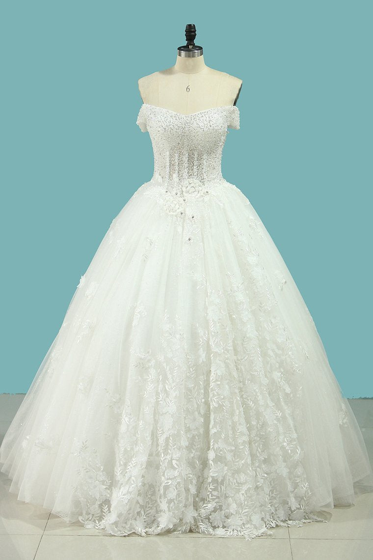 Chic Strapless Sweetheart Tulle Wedding Dress Sleeveless Lace Appliques Bridal Gowns On Sale