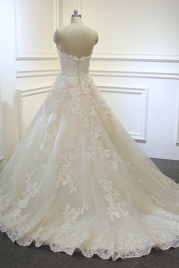 Chic Strapless Tulle Lace Wedding Dress A-Line Sweetheart Appliques Sleeveless Bridal Gowns On Sale