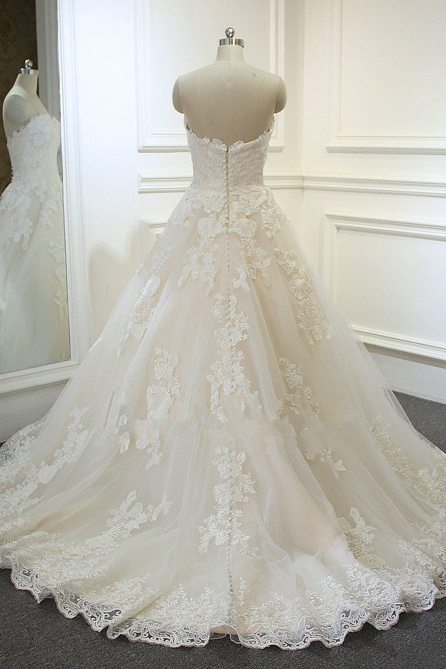 Chic Strapless Tulle Lace Wedding Dress A-Line Sweetheart Appliques Sleeveless Bridal Gowns On Sale