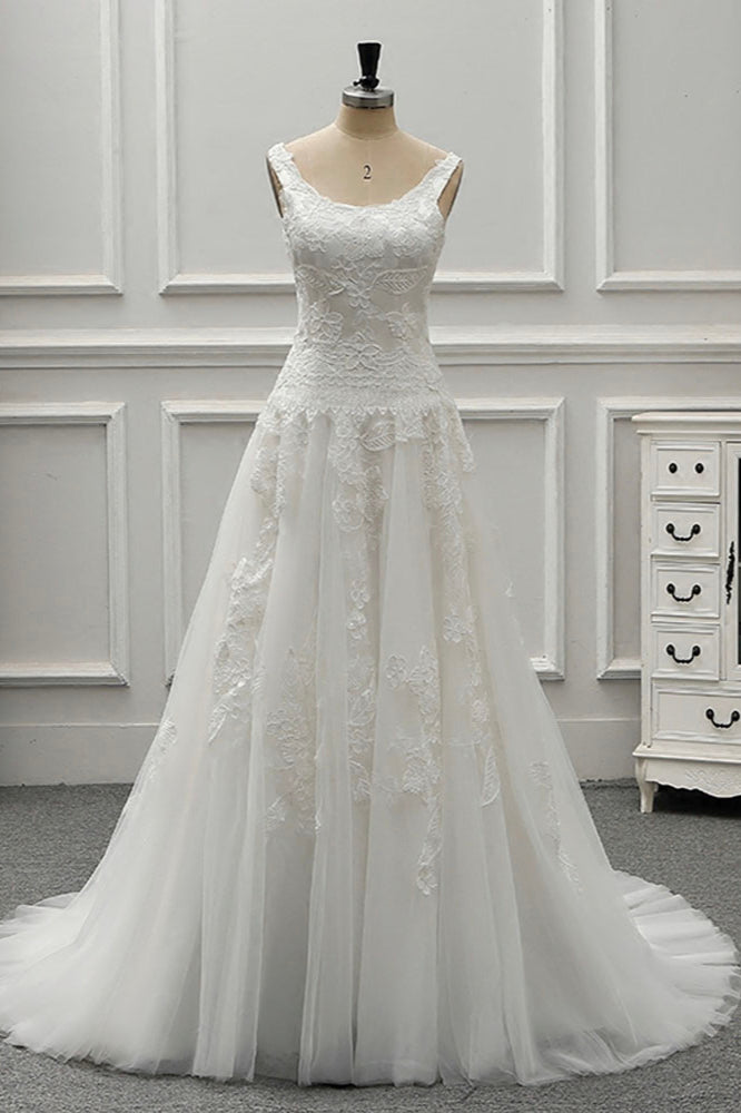 Chic Straps Jewel Tulle Lace Wedding Dress Sleeveless Appliques White Bridal Gowns On Sale