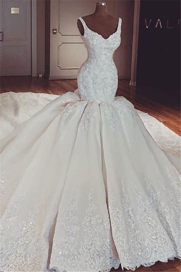 Chic Straps Mermaid Lace Wedding Dresses V-neck Sleeveless Bridal Gowns With Appliques Online