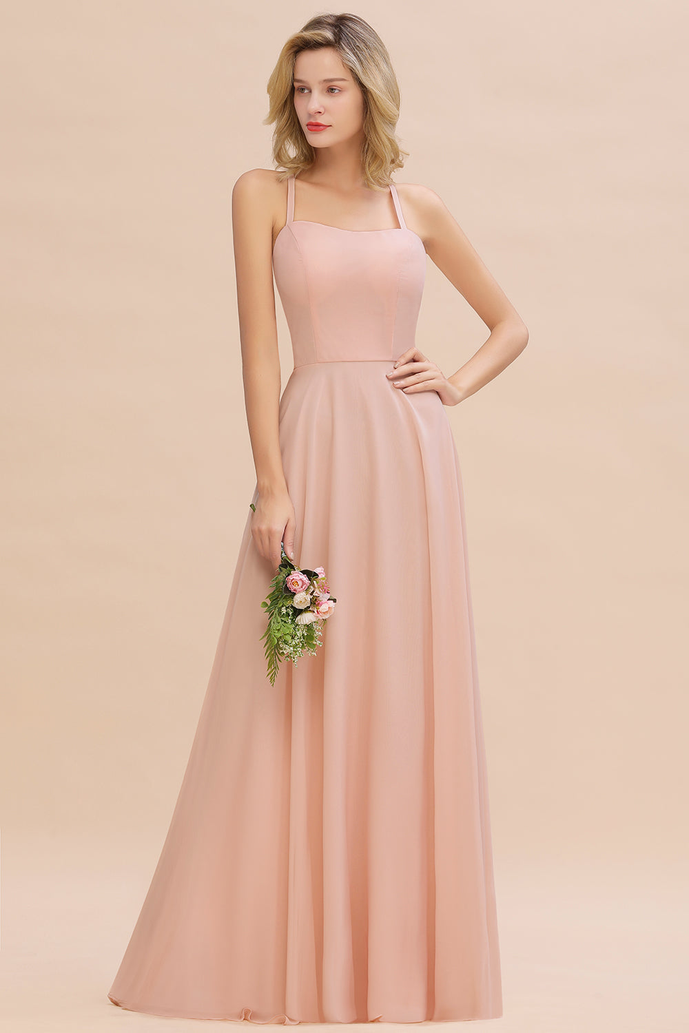 Chic Straps Sleeveless Chiffon Affordable Bridesmaid Dresses with Ruffle