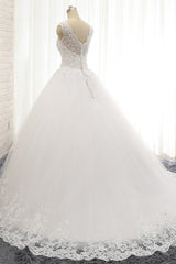 Chic Straps V-Neck Tulle Lace Wedding Dress Sleeveless Appliques Beadings Bridal Gowns On Sale