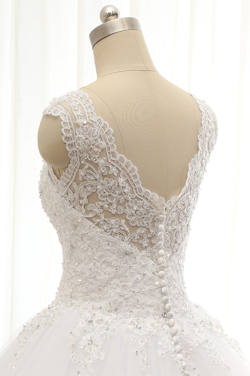 Chic Straps V-Neck Tulle Lace Wedding Dress Sleeveless Appliques Beadings Bridal Gowns On Sale