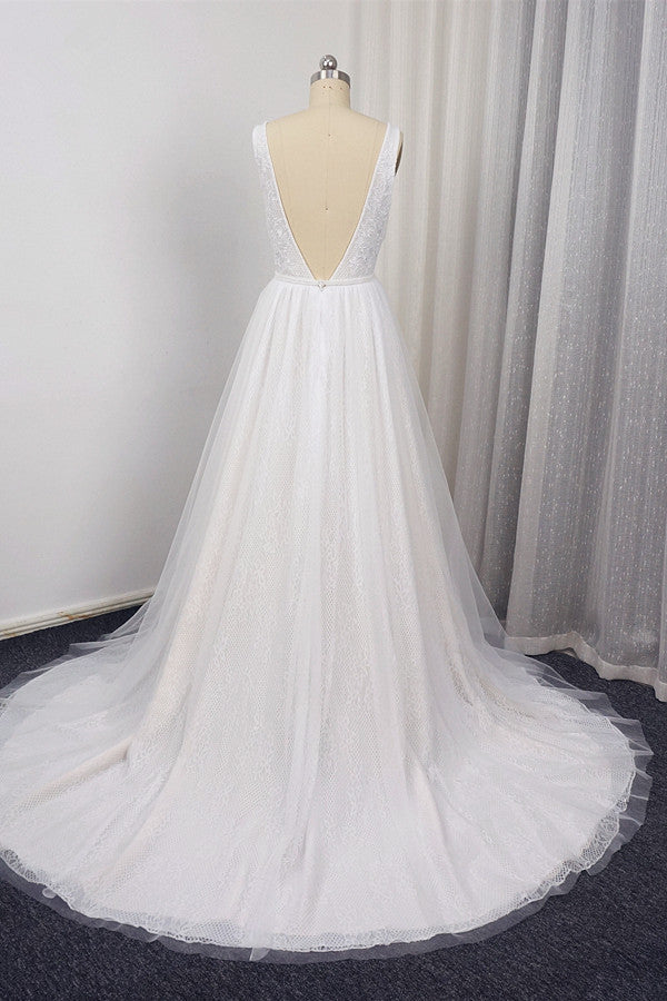 Chic Straps V-Neck White Tulle Lace Wedding Dress Sleeveless Ruffles Bridal Gowns On Sale