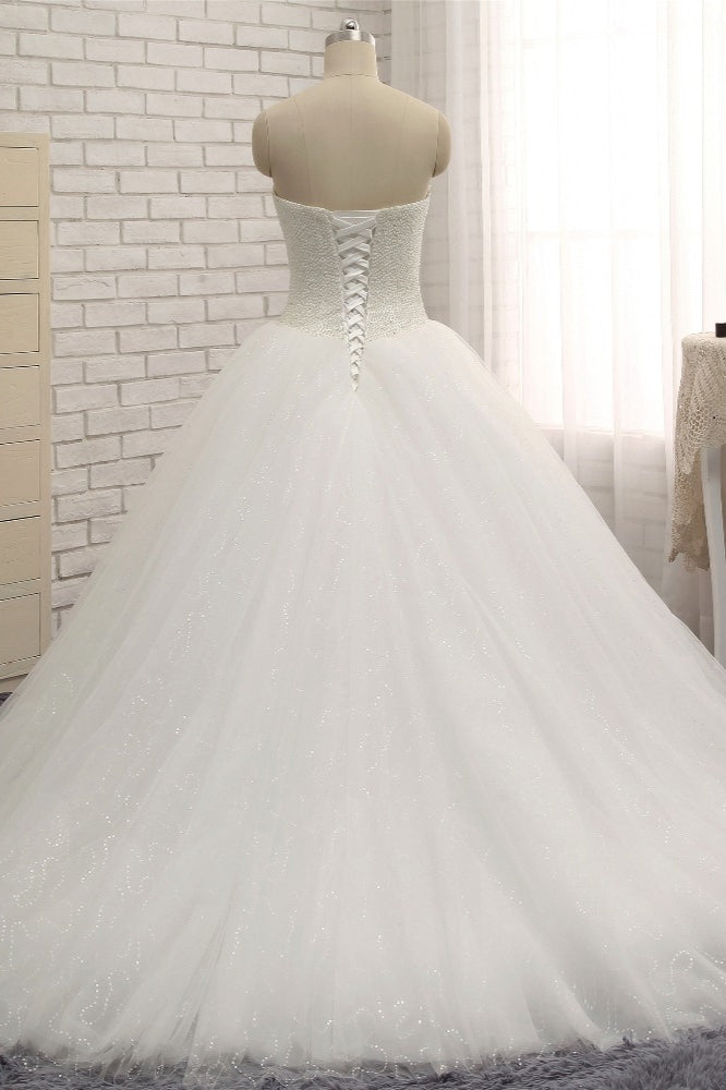 Chic Sweetheart Pearls White Wedding Dresses A-line Tulle Ruffles Bridal Gowns Online