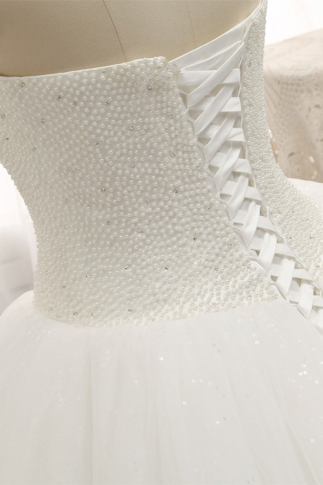 Chic Sweetheart Pearls White Wedding Dresses A-line Tulle Ruffles Bridal Gowns Online