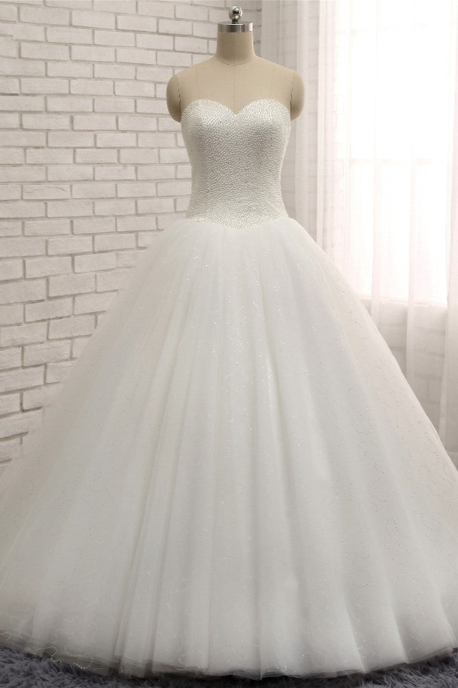 Chic Sweetheart Pearls White Wedding Dresses A-line Tulle Ruffles Bridal Gowns Online