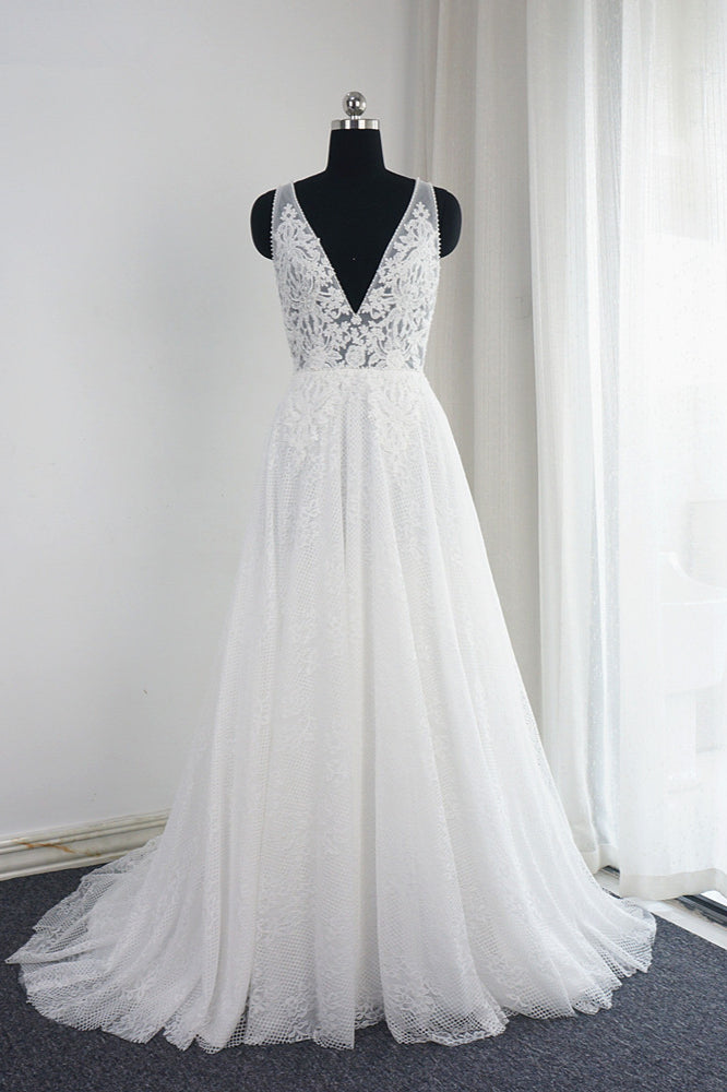 Chic Tulle Lace Ruffles White Wedding Dress Sleeveless V-Neck Appliques Bridal Gowns On Sale