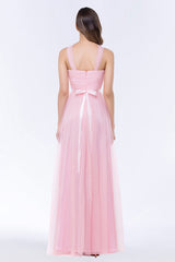 Chic Tulle Ruffle Halter Sleeveless Pearls Bridesmaid Dress with Sash