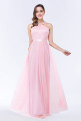 Chic Tulle Ruffle Halter Sleeveless Pearls Bridesmaid Dress with Sash