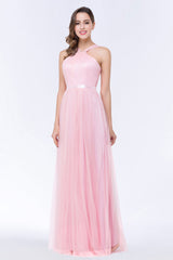 Chic Tulle Ruffle Halter Sleeveless Pearls Bridesmaid Dress with Sash