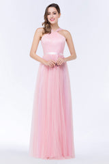 Chic Tulle Ruffle Halter Sleeveless Pearls Bridesmaid Dress with Sash