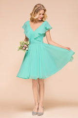 Chic V-Neck Ruffle Chiffon Short Affordable Bridesmaid Dresses Online