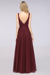 Chic V-Neck Straps Ruffle Burgundy Bridesmaid Dresses with Bow Sash