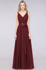 Chic V-Neck Straps Ruffle Burgundy Bridesmaid Dresses with Bow Sash