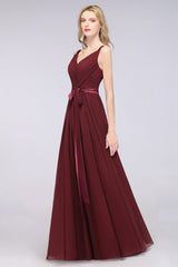 Chic V-Neck Straps Ruffle Burgundy Bridesmaid Dresses with Bow Sash