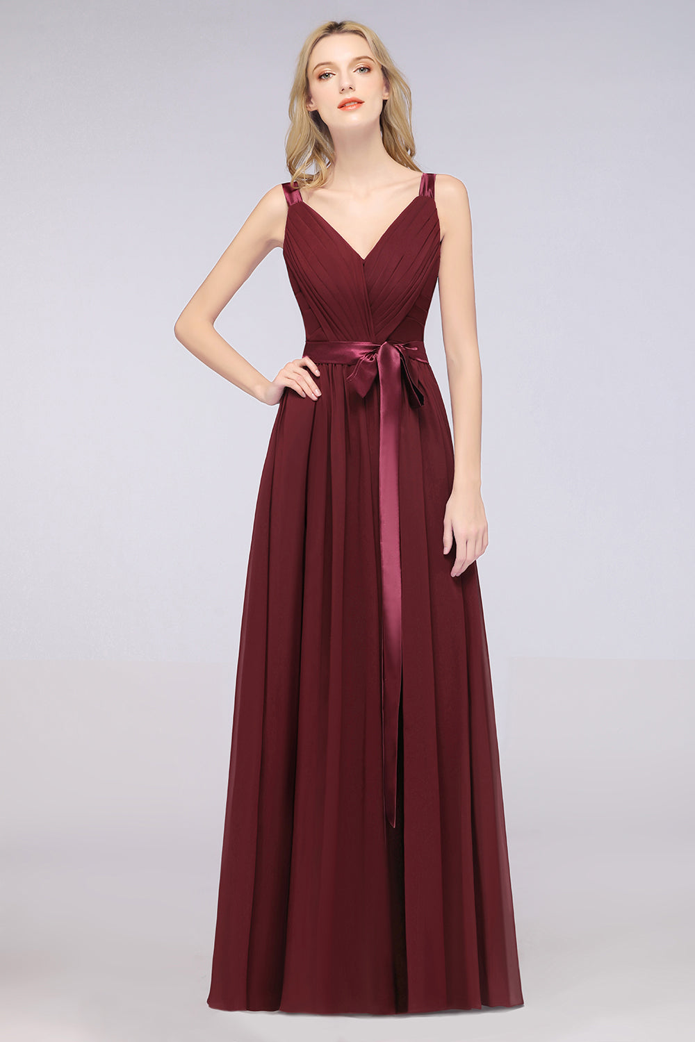 Chic V-Neck Straps Ruffle Burgundy Bridesmaid Dresses with Bow Sash