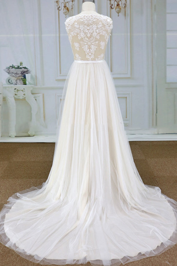 Chic V-neck Straps Sleeveless Wedding Dresses A-line Tulle Ruffles Bridal Champagne Gowns On Sale