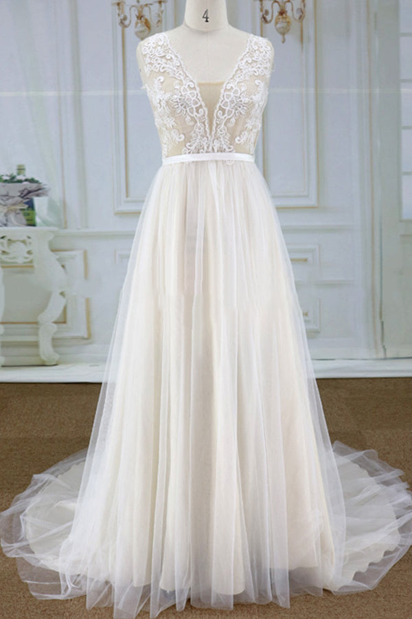 Chic V-neck Straps Sleeveless Wedding Dresses A-line Tulle Ruffles Bridal Champagne Gowns On Sale