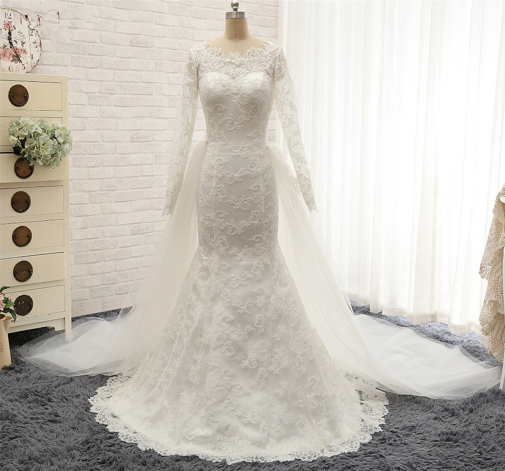Chic White Satin Mermaid Wedding Dresses Jewel Longsleeves With Appliques On Sale