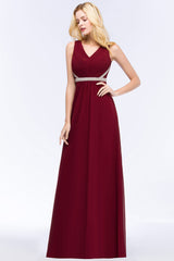 Chiffon Burgundy Long Affordable Bridesmaid Dress With Beading Sash