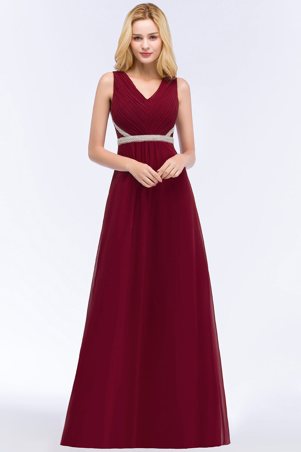 Chiffon Burgundy Long Affordable Bridesmaid Dress With Beading Sash