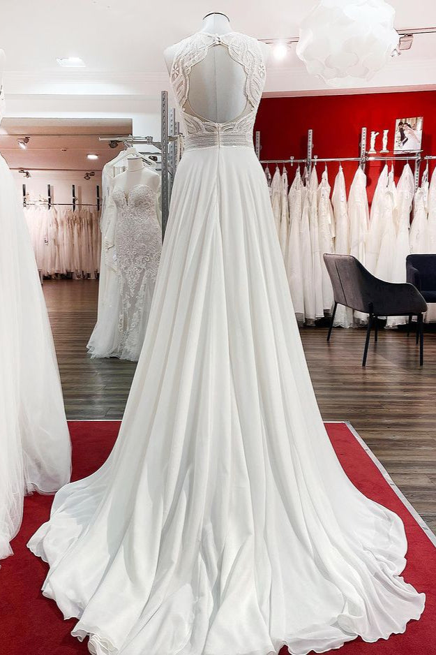 Chiffon Jewel Ruffles Appliques A-Line Wedding Dresses