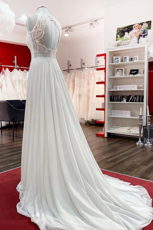 Chiffon Jewel Ruffles Appliques A-Line Wedding Dresses