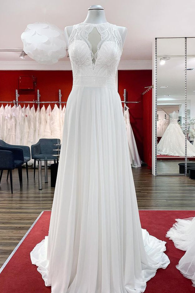 Chiffon Jewel Ruffles Appliques A-Line Wedding Dresses