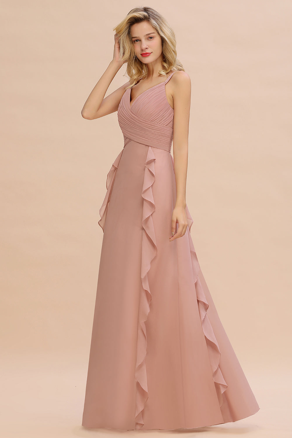 Chiffon Long Sleeveless Bridesmaid Dress with Cascading Ruffles