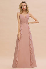 Chiffon Long Sleeveless Bridesmaid Dress with Cascading Ruffles