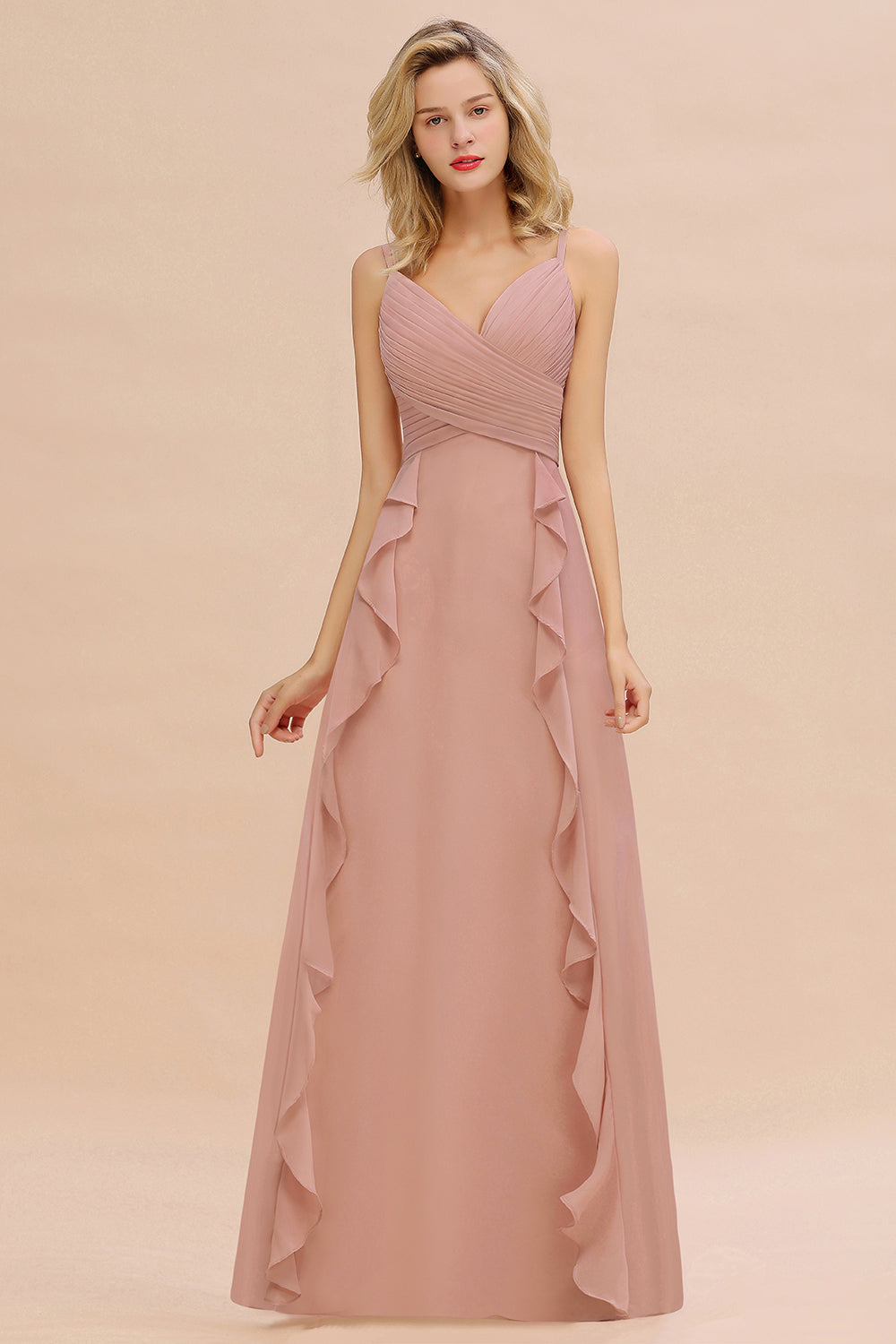 Chiffon Long Sleeveless Bridesmaid Dress with Cascading Ruffles