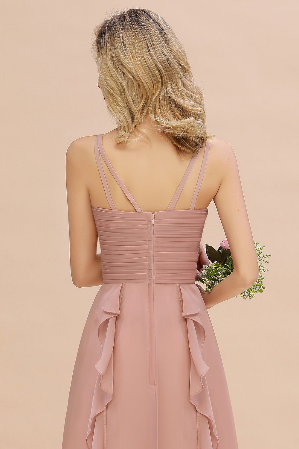 Chiffon Long Sleeveless Bridesmaid Dress with Cascading Ruffles