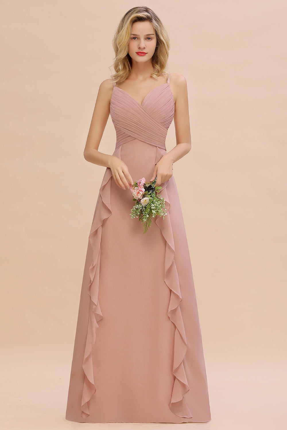 Chiffon Long Sleeveless Bridesmaid Dress with Cascading Ruffles