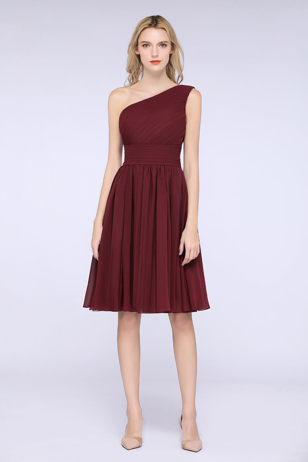 Chiffon One Shoulder Ruffle Short Burgundy Bridesmaid Dresses Online