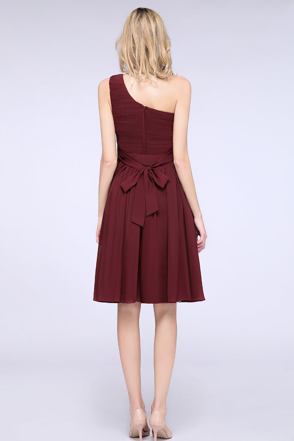 Chiffon One Shoulder Ruffle Short Burgundy Bridesmaid Dresses Online