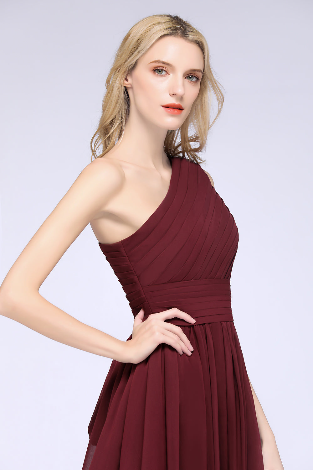 Chiffon One Shoulder Ruffle Short Burgundy Bridesmaid Dresses Online