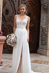 Chiffon Wedding Dress Lace Appliques With Slit